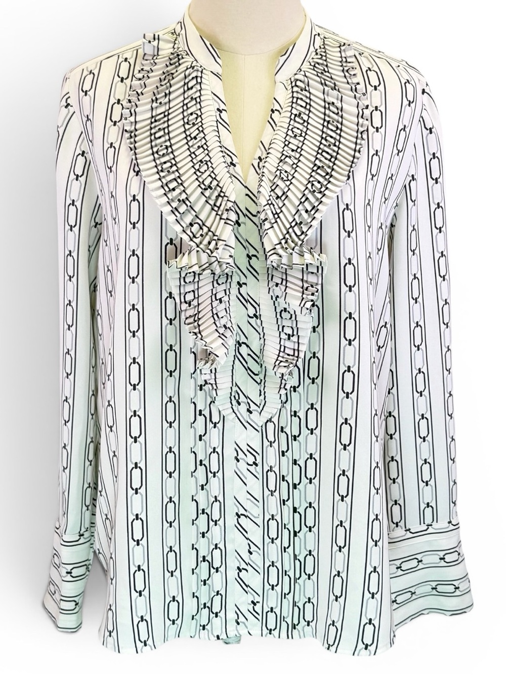 Ann Taylor Women’s Black White Ruffled Front Chain Print Blouse Top Size‎ S